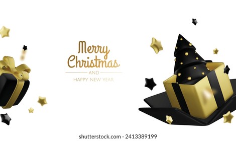 Happy New Year and Merry Christmas. Christmas holiday background with realistic 3d objects,gold and red bauble balls, conical metal stars. Levitation falling design composition.