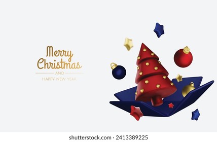 Happy New Year and Merry Christmas. Christmas holiday background with realistic 3d objects,gold and red bauble balls, conical metal stars. Levitation falling design composition.