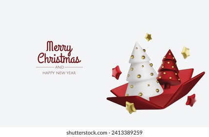 Happy New Year and Merry Christmas. Christmas holiday background with realistic 3d objects,gold and red bauble balls, conical metal stars. Levitation falling design composition.