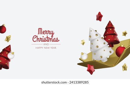 Happy New Year and Merry Christmas. Background with realistic holiday ball and gift. Christmas balls, gold stars, shiny confetti.
