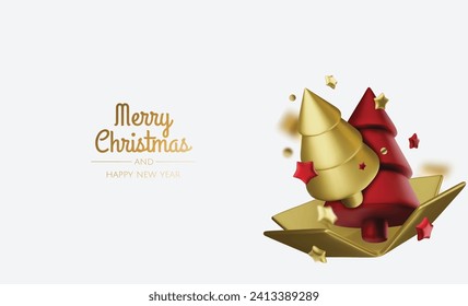 Happy New Year and Merry Christmas. Background with realistic holiday ball and gift. Christmas balls, gold stars, shiny confetti.