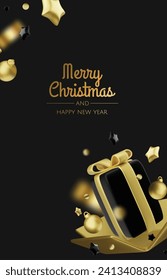 Happy New Year and Merry Christmas. Christmas holiday background with realistic 3d objects,gold and red bauble balls, conical metal stars. Levitation falling design composition.