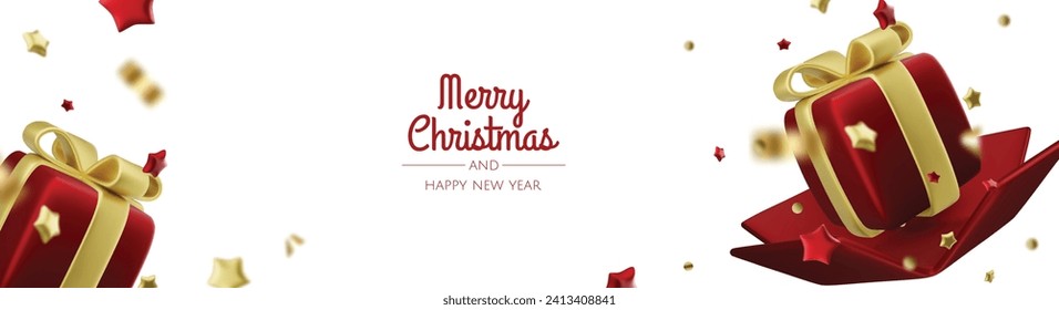 Happy New Year and Merry Christmas. Christmas holiday background with realistic 3d objects,gold and red bauble balls, conical metal stars. Levitation falling design composition.