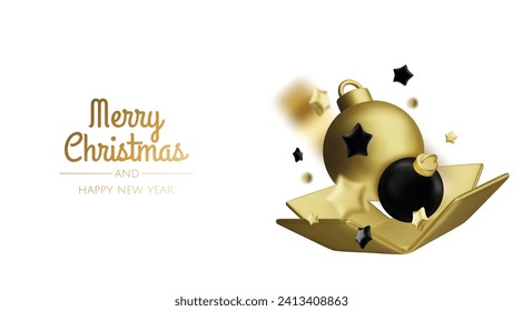 Happy New Year and Merry Christmas. Christmas holiday background with realistic 3d objects,gold and red bauble balls, conical metal stars. Levitation falling design composition.