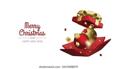 Happy New Year and Merry Christmas. Christmas holiday background with realistic 3d objects,gold and red bauble balls, conical metal stars. Levitation falling design composition.