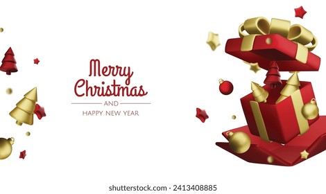Happy New Year and Merry Christmas. Background with realistic holiday ball and gift. Christmas balls, gold stars, shiny confetti.