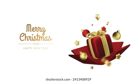 Happy New Year and Merry Christmas. Christmas holiday background with realistic 3d objects,gold and red bauble balls, conical metal stars. Levitation falling design composition.