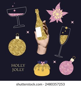 Happy New Year and Merry Christmas set with trendy halftone collage elements - poinsettia, champagne, bauble, cake and wineglasses with metallic glitter shine effect.