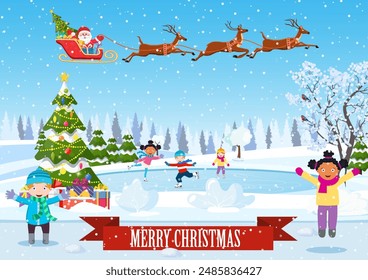 Happy new year and merry Christmas landscape card design with christmas tree. Winter scene with skating children. Children boy and girl on the winter ice-skating rink. vector illustration