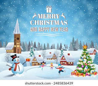 Happy new year and merry Christmas landscape card design with snowman and christmas tree. Winter scene with skating children. Children boy and girl on the winter ice-skating rink. vector illustration