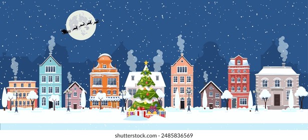 happy new year and merry Christmas winter old town street. christmas town city panorama. Santa Claus with deers in sky above the city. Vector illustration in flat style