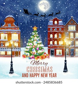 happy new year and merry Christmas winter old town street with christmas tree. Santa Claus with deers in sky above the city. concept for greeting, postal card, invitation, template,