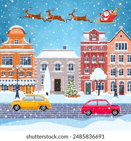 happy new year and merry Christmas winter old town street with trees and car. Santa Claus with deers in sky above the city. concept for greeting and postal card, invitation, template