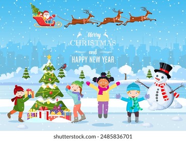 happy new year and merry Christmas greeting card. Christmas landscape. kids decorating a Christmas tree. Winter holidays. Vector illustration in flat style