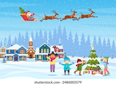 happy new year and merry Christmas greeting card. Christmas landscape. kids decorating a Christmas tree. Winter holidays. Santa Claus with deers in sky. Vector illustration in flat style