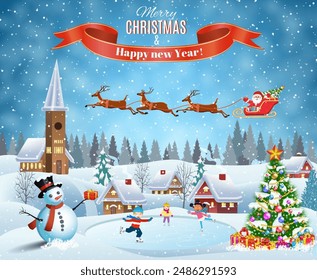 Happy new year and merry Christmas landscape card design with snowman. Winter scene with skating children. Santa Claus with deers in sky above the city. vector illustration