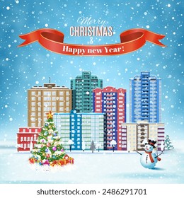 happy new year and merry Christmas winter city street with christmas tree and snowman with gifbox. concept for greeting and postal card, invitation, template, vector illustration