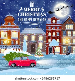 happy new year and merry Christmas winter old town street with christmas tree and car. concept for greeting and postal card, invitation, template, vector illustration. Christmas vintage card