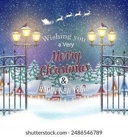 happy New year and merry Christmas winter village night landscape background. background with silhouette of Santa Claus flying on a sleigh. Christmas greeting type design with vintage street lantern