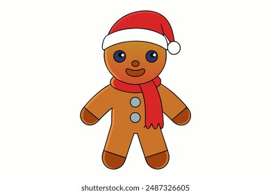 Happy New Year Merry Christmas Gingerbread Cartoon for Kids and Cute Santa Hat and Scarf Vector Illustration