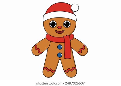 Happy New Year Merry Christmas Gingerbread Cartoon for Kids and Cute Santa Hat and Scarf Vector Illustration