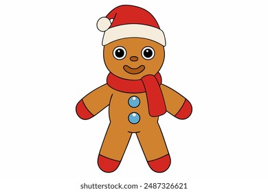 Happy New Year Merry Christmas Gingerbread Cartoon for Kids and Cute Santa Hat and Scarf Vector Illustration