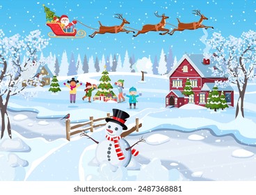 happy new year and merry Christmas greeting card. Winter fun. kids decorating a Christmas tree. Winter holidays. Christmas landscape tree spruce, snowman. vector illustration