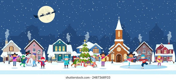 happy new year and merry Christmas winter old town street. christmas town city panorama. Santa Claus with deers in sky above the city. Vector illustration in flat style