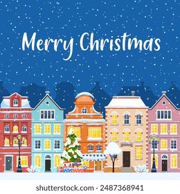 happy new year and merry Christmas winter old town street concept for greeting and postal card, invitation, template. Vector illustration in flat style