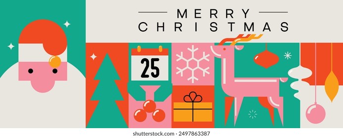 Happy New Year. Merry Christmas cute modern minimalist geometric style elements, Santa, Christmas decorations, Christmas tree, Gift boxes and more. Vector illustration.