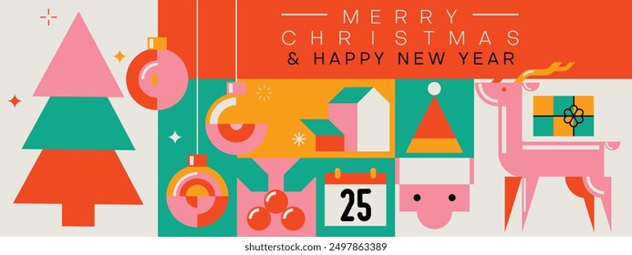 Happy New Year. Merry Christmas cute modern minimalist geometric style elements, Santa, Christmas decorations, Christmas tree, Gift boxes and more. Vector illustration.