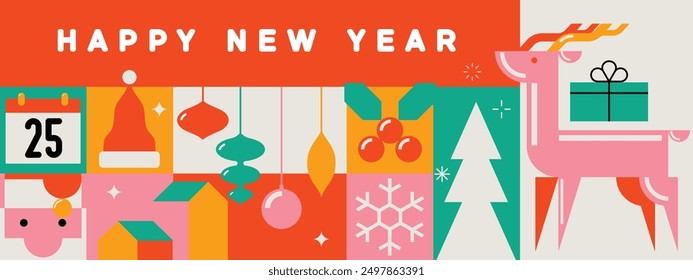 Happy New Year. Merry Christmas cute modern minimalist geometric style elements, Santa, Christmas decorations, Christmas tree, Gift boxes and more. Vector illustration.
