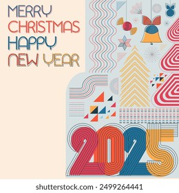  happy New Year Merry Christmas greeting poster card, simple flat organic line number 2025  banner, web, invite  template Layout, , contemporary mid century design	