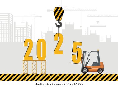 Happy New Year and Merry Christmas concept. Installation of 2025 against the backdrop of a construction site.