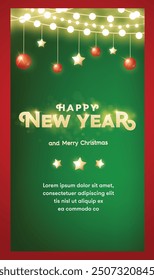 Happy New Year and Merry Christmas Set of posters, greeting cards, holiday covers. Elegant Xmas design in red and green colors with hand drawn christmas gift card. Vector illustrations.