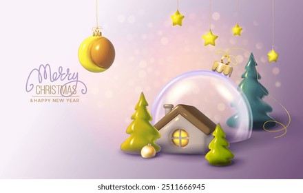 Happy New Year and Merry Christmas banner. Xmas ball, trees and house, moon, stars. Glass globe realistic 3d design. Festive Christmas objects. Holiday poster, header for website, greeting card, flyer