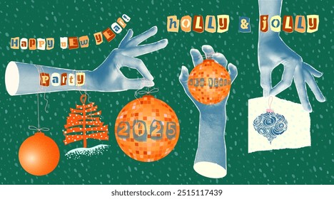 Happy new year Merry Christmas 2025 design. 90s vintage style banner Halftone Hand hold festive symbols tree, gifts, bauble. Colorful collage for poster, flayer, greeting cards Vector illustrations