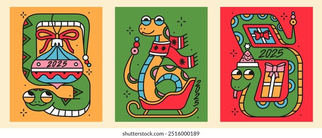 Happy new year and merry christmas 2025 greeting card set with cute snake holding christmas tree toy, gifts, sledging. Trendy isolated illustrations for print. Holiday season posters.