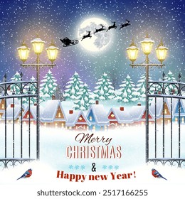 happy New year and merry Christmas winter village night landscape background. background with silhouette of Santa Claus flying on a sleigh. Christmas greeting type design with vintage street lantern