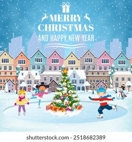 happy new year and merry Christmas winter old town street with christmas tree. concept for greeting and postal card, invitation, template, Children boy and girl on the winter ice-skating rink