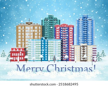 happy new year and merry Christmas winter city street with trees. Santa Claus with deers in sky above the city. concept for greeting and postal card, invitation, template, vector illustration