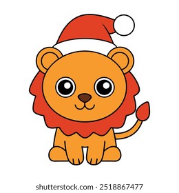 Happy new year merry Christmas funny lion in Santa hat illustration