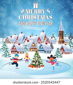 Happy new year and merry Christmas landscape card design with christmas tree. Winter scene with skating children. Children boy and girl on the winter ice-skating rink. vector illustration