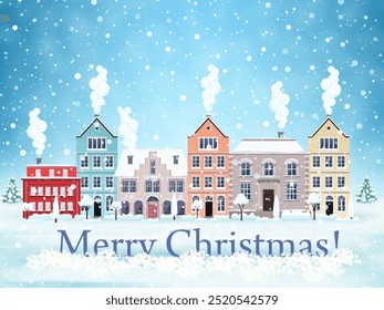 happy new year and merry Christmas winter old town street with trees. Santa Claus with deers in sky above the city. concept for greeting and postal card, invitation, template, vector illustration