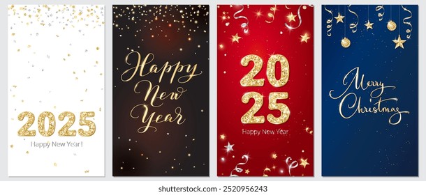 Happy new year and Merry Christmas vertical banners. 2025 golden glitter numbers. Falling confetti, hanging ribbons and stars. Vector decoration. For Christmas and holiday social media, party posters.