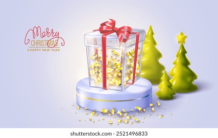 Happy New Year and Merry Christmas card. Christmas holiday background with realistic 3d glass gift box full of tinsel, Christmas trees. 3D render vector illustration