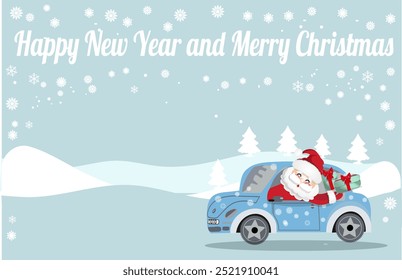 happy new year and merry Christmas card blue, Santa Claus in car with traditional  present, celebrate gift