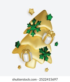 Happy New Year and Merry Christmas. Christmas holiday background with realistic 3d objects,gold and red bauble balls, conical metal stars. Levitation falling design composition.