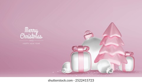 Happy New Year and Merry Christmas. Christmas holiday background with realistic 3d objects, xmas balls, metal stars, snowflake, gift box.