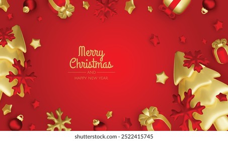 Happy New Year and Merry Christmas. Christmas holiday background with realistic 3d objects, xmas balls, metal stars, snowflake, gift box.